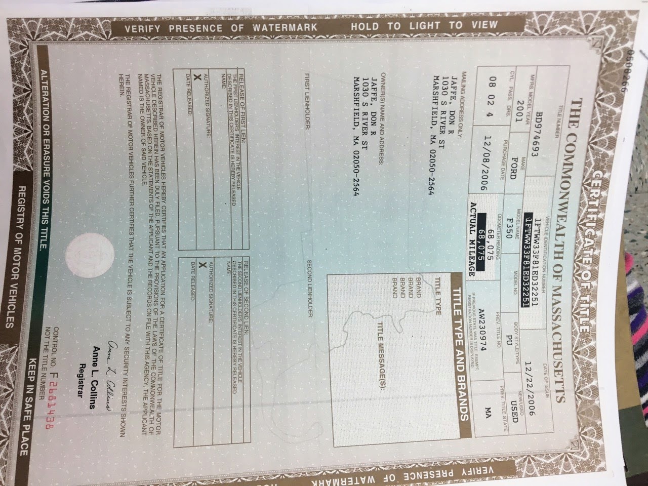 Massachusetts vehicle title